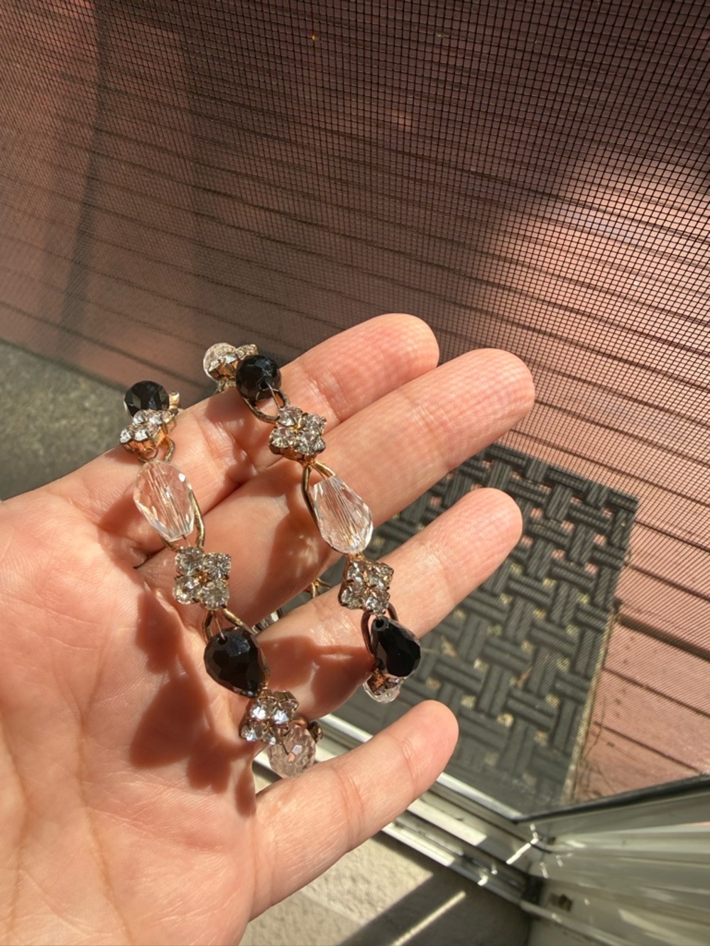 Gold Tone Rhinestone & Beaded Hinged Bangle Bracelets Set Black Clear Crystal